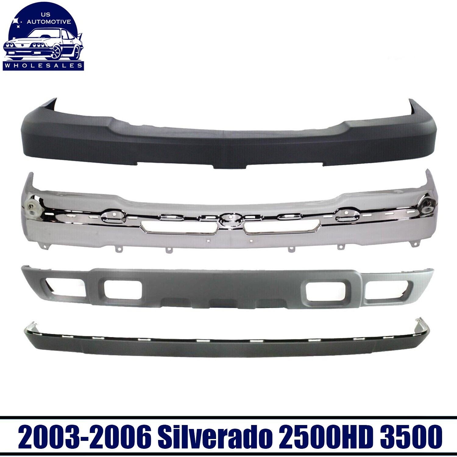 Front Bumper Chrome + Cover Trims + Valance For 2003-2006 Silverado