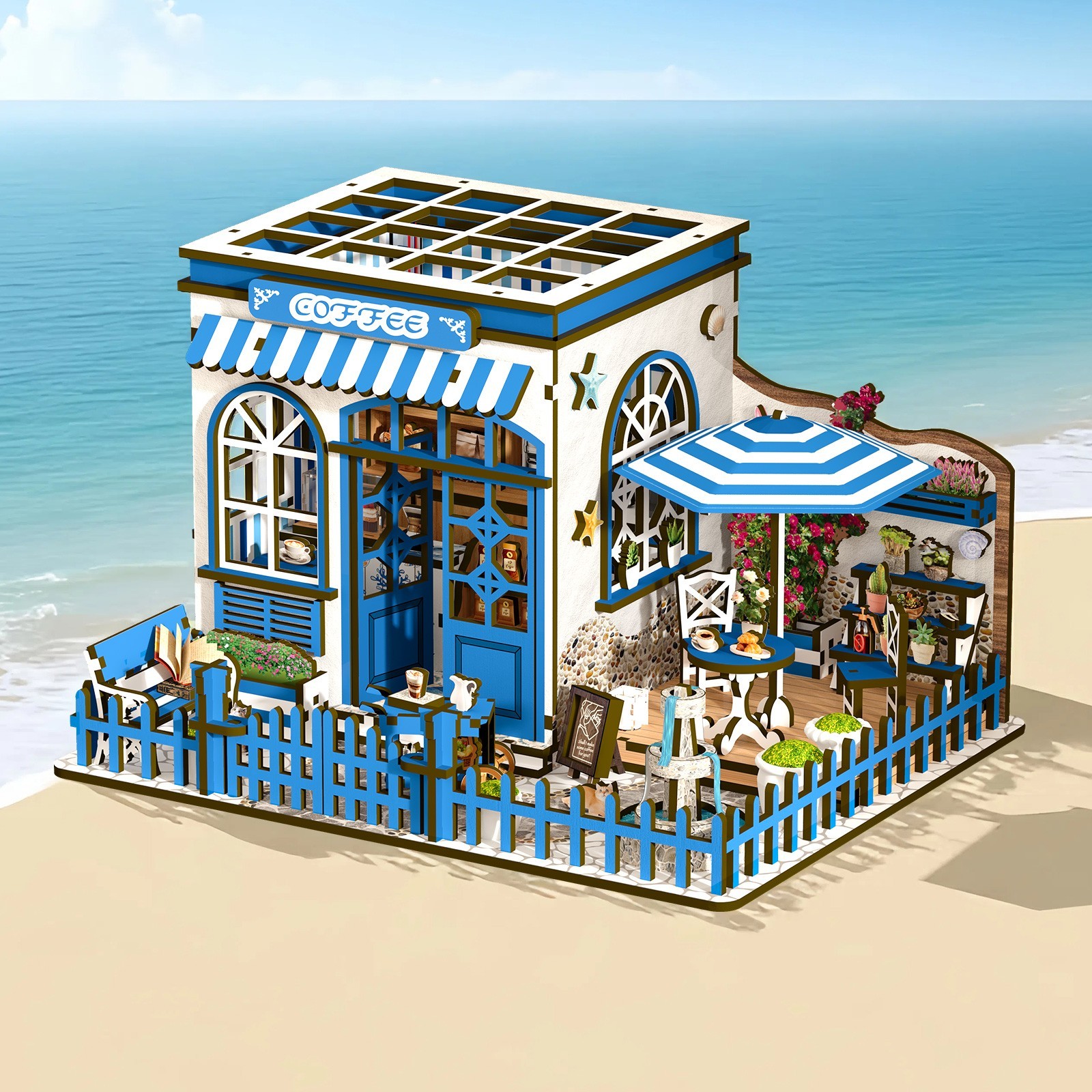 DIY Book Nook Kit, Coffee Shop, Miniature Dollhouse with LED, 3D Wooden Puzzle