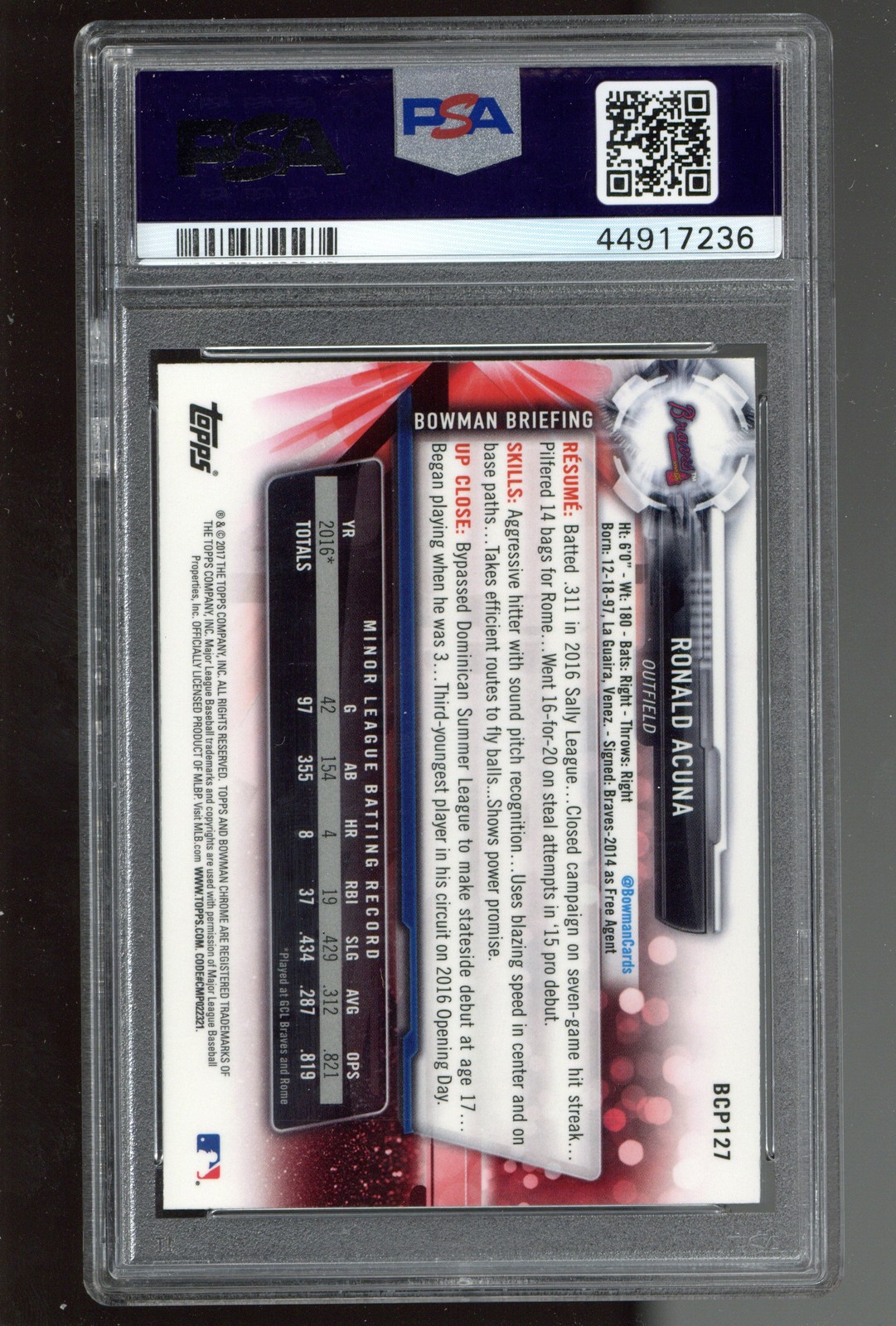 2017 Bowman #BCP127 Ronald Acuna Chrome Prospects PSA 10 ROOKIE RC view 2