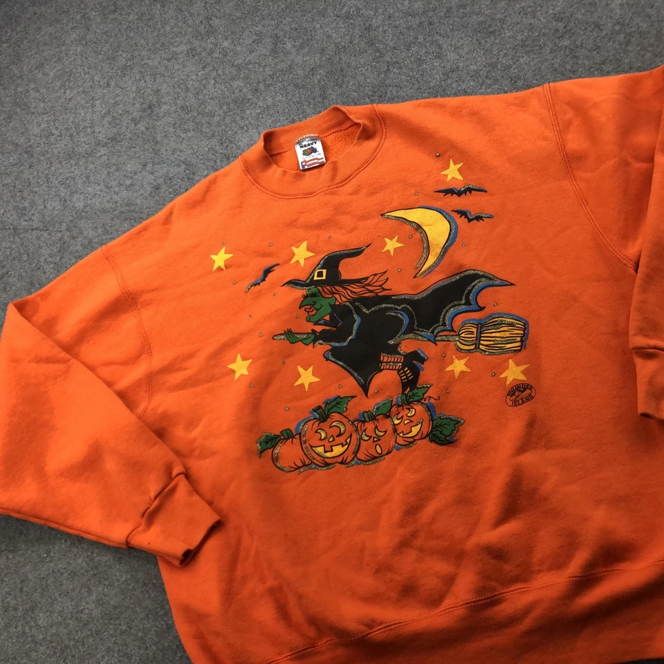 VINTAGE Fruit of the Loom Sweatshirt Mens XL Orange Halloween Witch Made USA 90s - Image 3 of 4