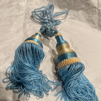 Vintage Unique Design Aqua Sky Blue Pair Of Curtain Tie backs Wood Center VGUC