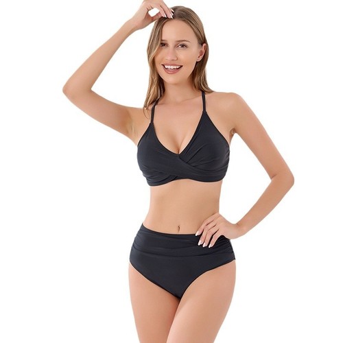 2025 new swimsuit cross strap plus size bikini bikini solid color split swimsuit - Picture 4 of 11