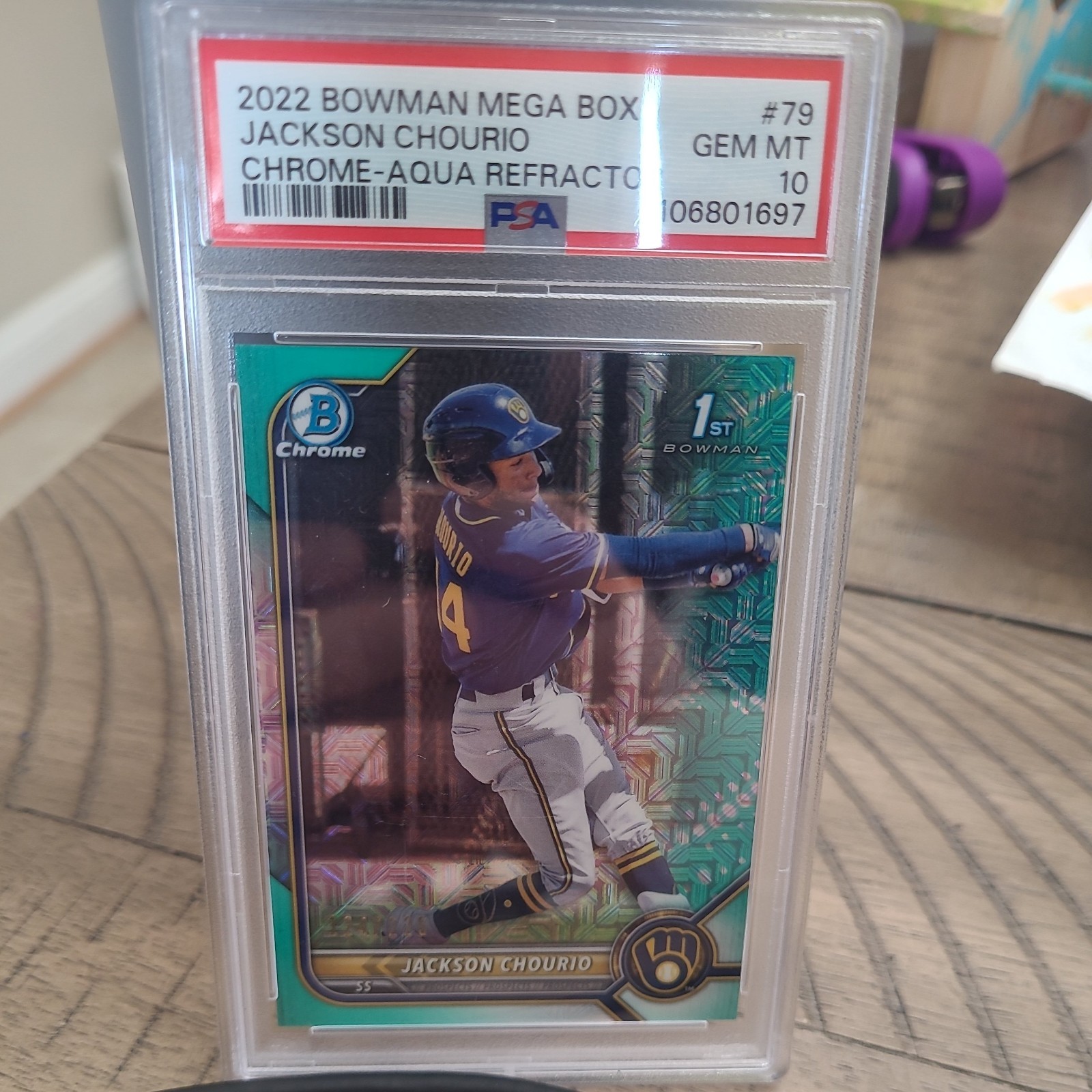 Jackson Chourio 2022 Bowman Chrome 1st Aqua Mojo Refractor /225 PSA 10