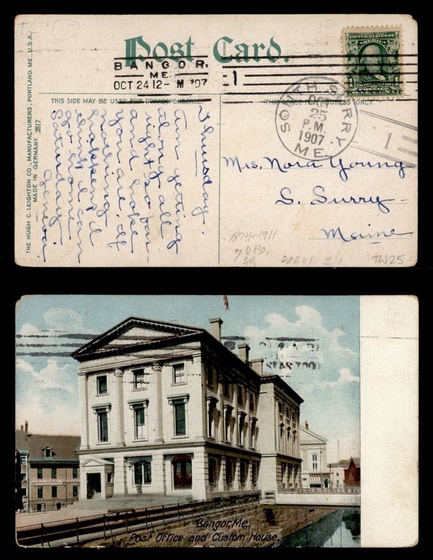DR WHO 1907 BANGOR ME POSTCARD TO SOUTH SURRY ME DPO 1874-1911 DOANE R86145