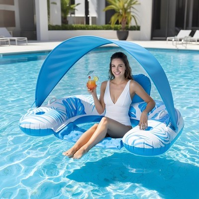 XL Pool Float for Adults with Canopy Cup Holders Headrest Inflatable Lounger