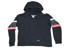 Victoria s Secret PINK Hoodie Women s Medium Black Pullover Sleeve Sweatshirt