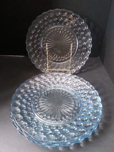 4 Vintage Anchor Hocking Blue Bubble 9 1/2” Glass Dinner Plates