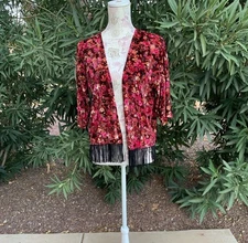GUC San Joy Velvet Floral Fringe Kimono | Sz M | Boho Open Front FREE SHIPPIN