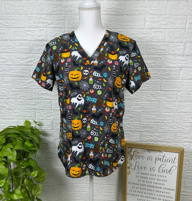 Women's L Microflex scrub top black halloween candy pumpkin ghost Nurse Medical
