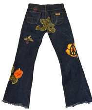 70s Vintage Denim Jeans Embroidered Peace Patchwork Bell Bottom 30x30