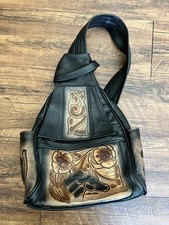 Leather Backpack Style Bag Black Brown Horse Embossed Floral Design