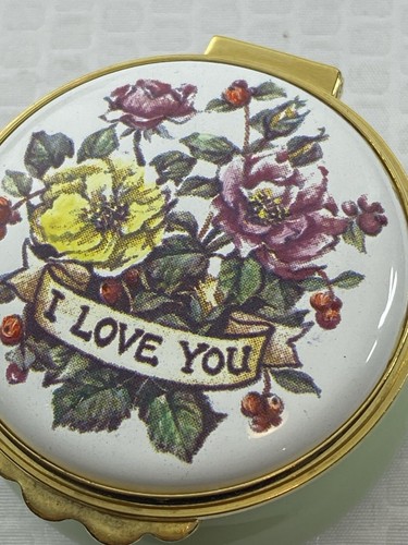 Kingsley Enamels - "I Love You" - Trinket Box, Green w/White Floral Top- England - Picture 13 of 13