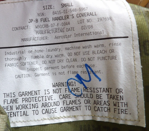 Mono manipulador de combustible AEROSTAR JP-8 8415-01-548-5967 PEQUEÑO GORTEX ANTIESTÁTICO - Imagen 9 de 9