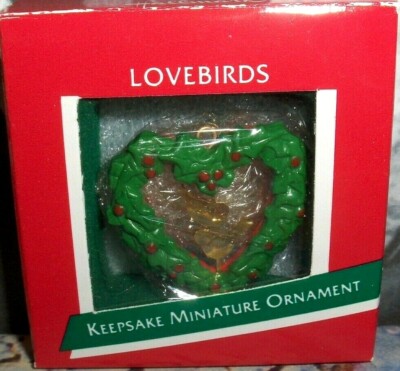 Lovebirds`1989`Miniature-Two Lovebirds Inside This Heart,Hallmark Tree Ornament