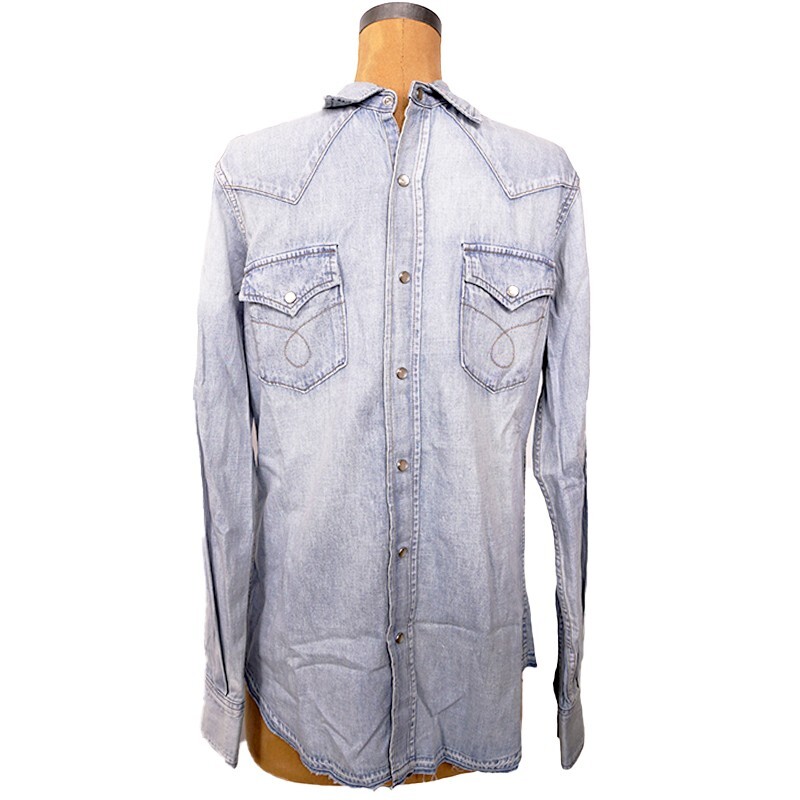 CAMICIA S NUOVA $690 SAINT LAURENT Stone Lt blu GIAPPONE DENIM stile classico WESTERN