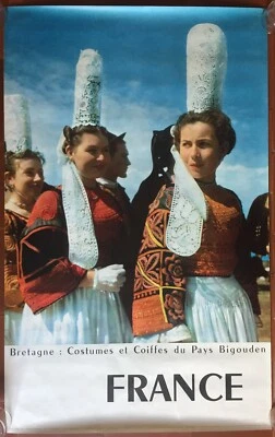 Affiche BRETAGNE Costumes et Coiffes du Pays Bigouden 62x99cm 60's - Photo 1/2
