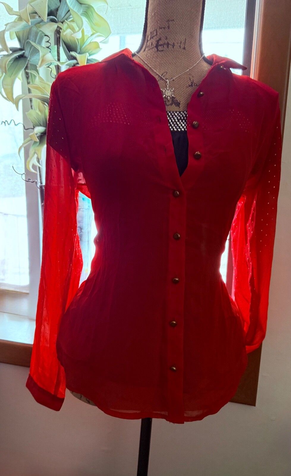 Notations Sheer, Red Studded Button-Up Blouse,  S… - image 8