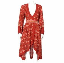 Spell & The Gypsy Jewel Soiree Dress Mock Wrap Long Sleeve Red Multi Size XS 697