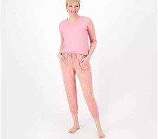 MUK LUKS Cloud Knit 3/4 Sleeve Top  Joggers Pajama Set-Rose/Ikat-Large A587873