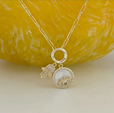 Evil Eye Hamsa Charms Paperclip Chain Necklace - Long Lasting 14K Gold Plating 