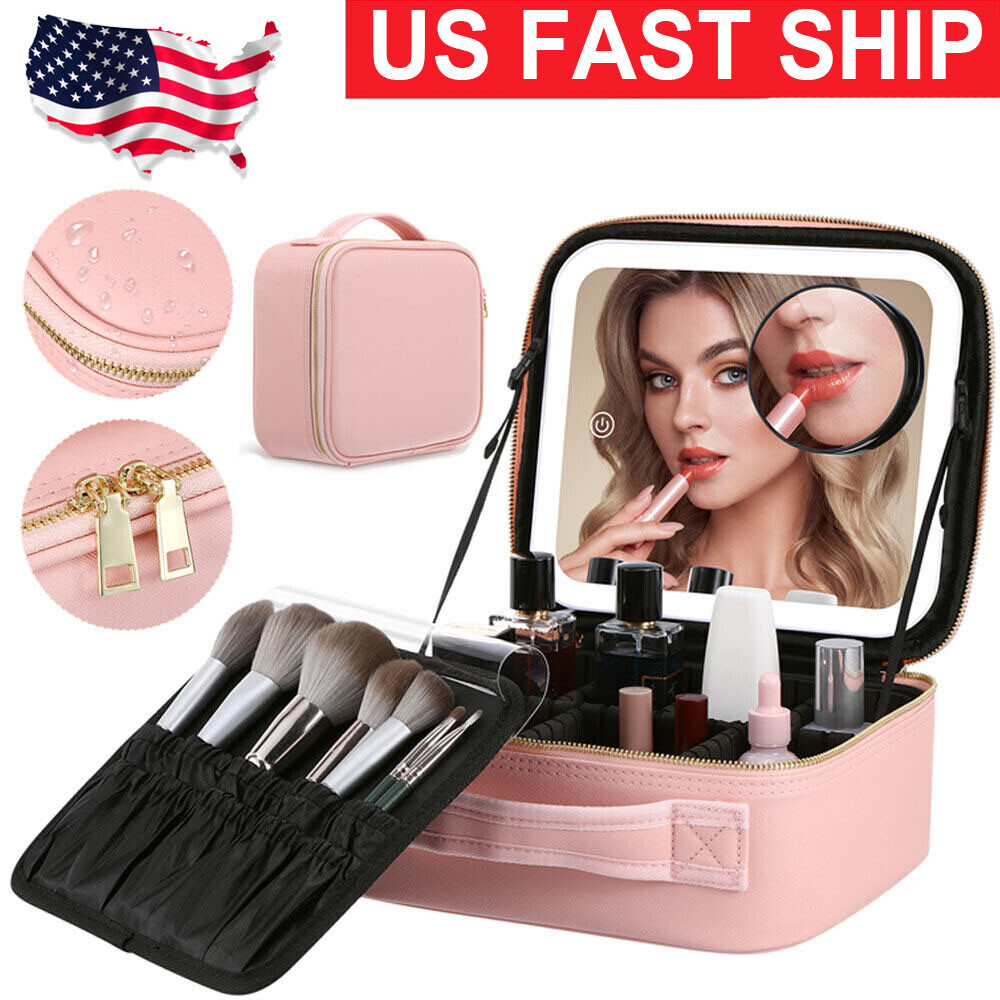 Makeup Bag with LED Lighted Mirror Organise Makeup Travel Cosmetic Train Case-image