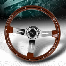 350MM CLASSIC DARK WOOD GRAIN CHROME SPOKE W-POWER 2.5" DEEP DISH STEERING WHEEL