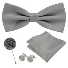 Pre-tied Bow Tie and Pocket Square Cufflinks Set 4PCS Solid Color Large Grey