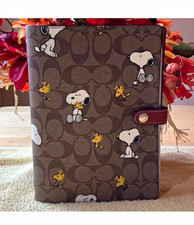 COACH X PEANUTS SNOOPY WOODSTOCK SIGNATURE CANVAS A5 NOTEBOOK BROWN