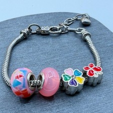 Silver Tone Pink Glass Bead Enamel Flower Butterfly Charm European Bracelet