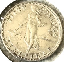 Nice 1944 S Philippines 50 Centavos Silver Coin - KM# 183 Uncirculated