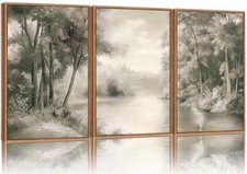 Vintage Nature Landscape Framed Canvas Wall Art Set, Rustic Misty Forest Sket...