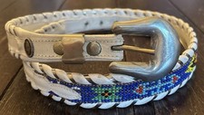 Vtg Al Beres Beaded Belt White Leather Silver Buckle Circle Y Southwest 36 Vtg