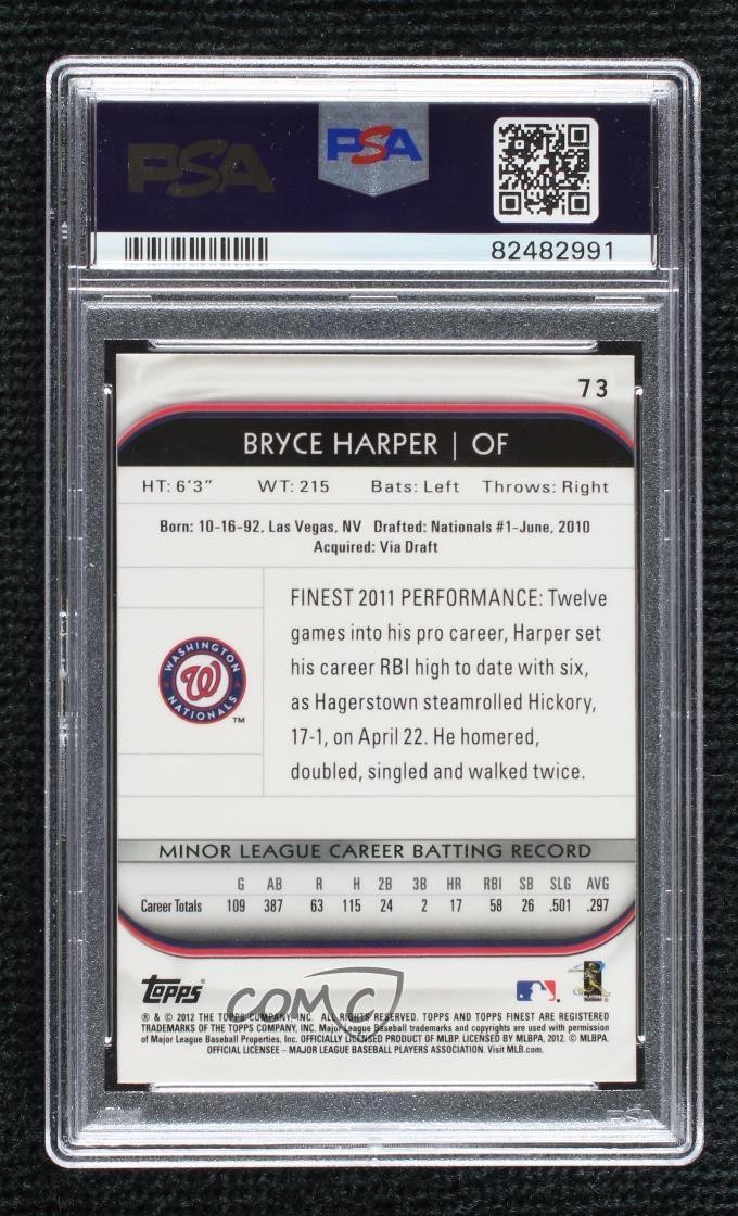 2012 Topps Finest Bryce Harper #73 PSA 10 GEM MT Rookie RC view 2