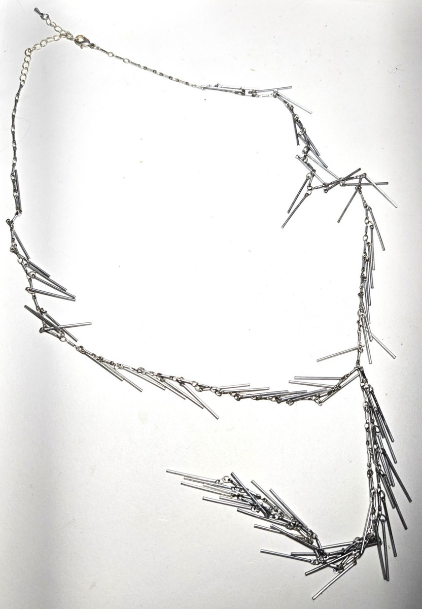 Art Deco Flapper Style Abstract Spikes Silver Tone Fringe Lariat Necklace