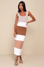 Lulus Women Easily Gorgeous Ivory And Brown Striped Midi Sweater Dress Medium