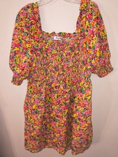 RIXO Floral Smocked Mini Dress Size Large Puff Sleeve Square Neck Colorful