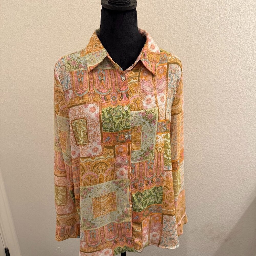 Rose & Olive Patchwork Paisley Button-Down Blouse… - image 1