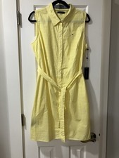 Tommy Hilfiger Women's Sleeveless Shirt Dress Size 12 Yellow/White Pockets NWT