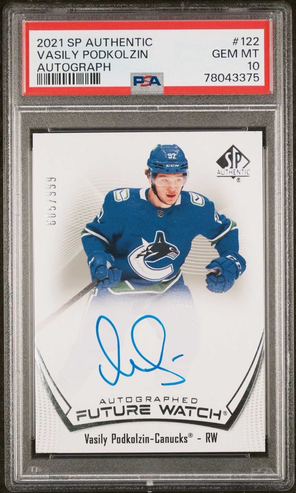2021 SP AUTHENTIC VASILY PODKOLZIN FUTURE WATCH AUTO ROOKIE /999 #122 PSA 10