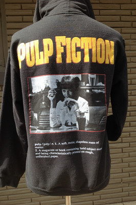 Black w/Black & White screen image PULPFICTION Hoodie with pockets, size small
