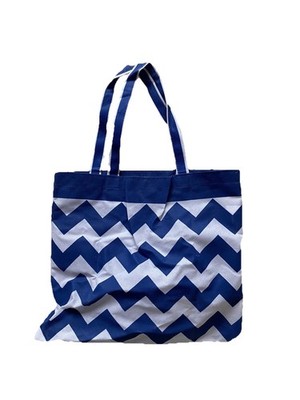 Shopper s Tote Carrying Bag Chevron Print Blue White