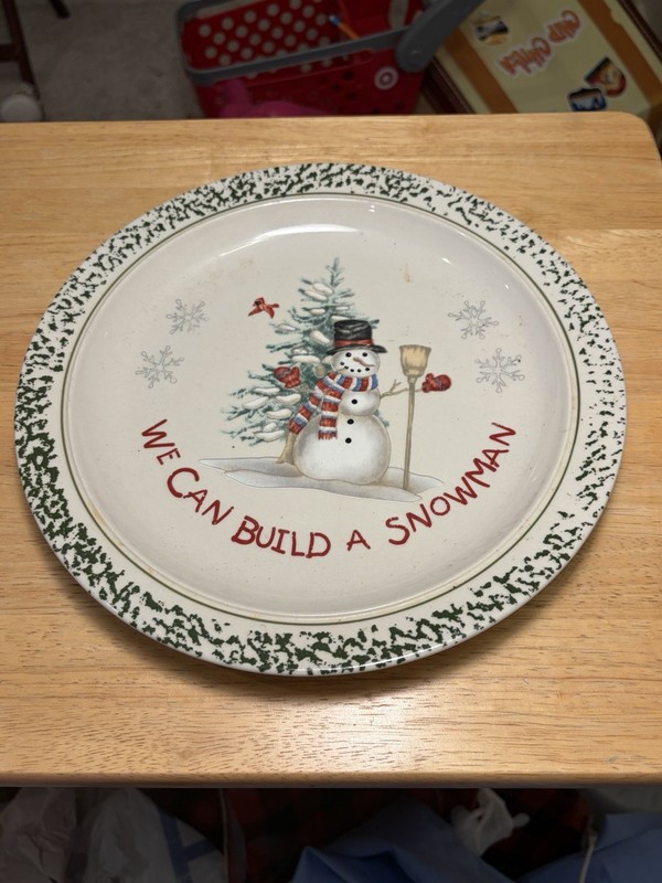 Stoneware Snowman Christmas Round Decorative Plate Glossy White Multicolor China