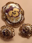 Aged Gold Frame Viola Flower Vintage Brooch & Earrings Set — photo 3