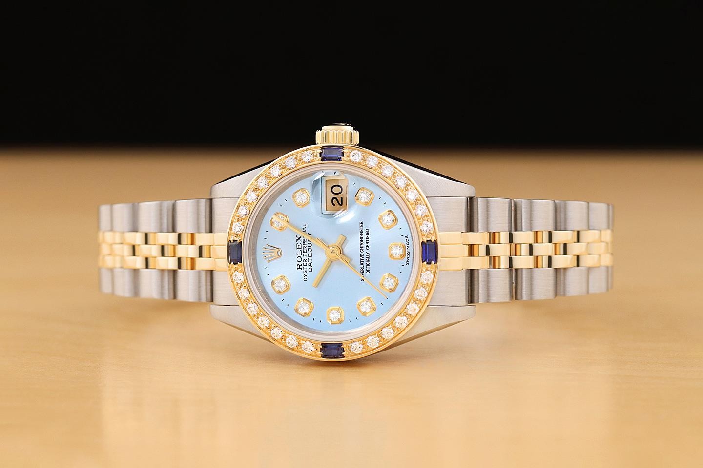 ROLEX LADIES DATEJUST 69173 ICE BLUE DIAMOND SAPPHIRE 18K GOLD STEEL WATCH image 3