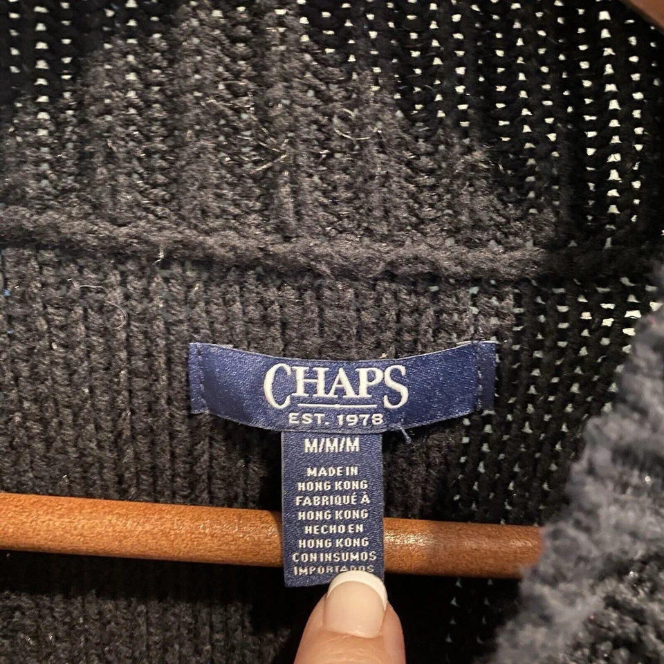 复古 Chaps 电缆厚毛衣女式中号黑色银色渔夫闪亮 — 第 2/4 张图片