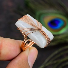 Rainbow Moonstone Gemstone Copper Wire Wrap Jewelry Ring Size 6.5 O514