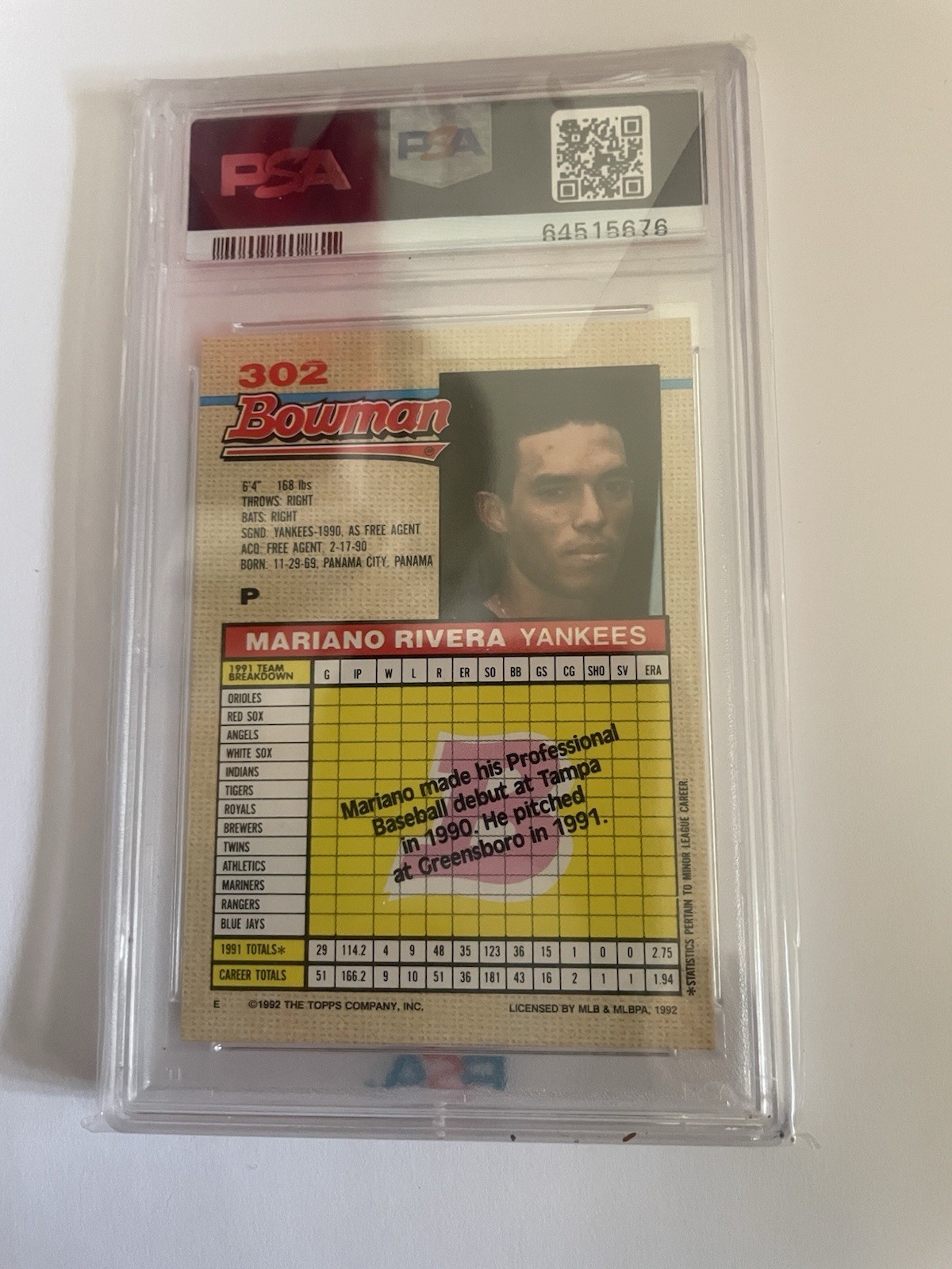 1992 Bowman Mariano Rivera Rookie PSA 9 view 2