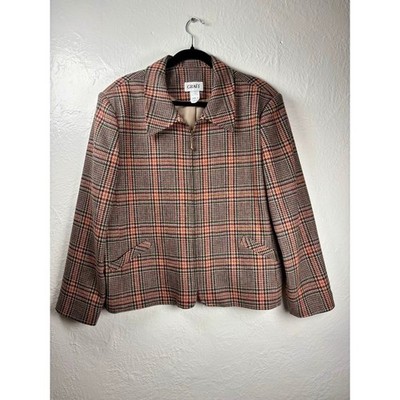 Graff Womens 18 Brown Plaid 100% Wool Zip Up Collared Jacket Lined Academia