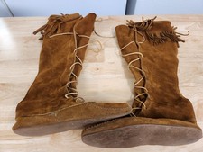 Vintage Minnetonka Fringe Leather Knee High Moccasin Brown Boots Women  s Sz 9