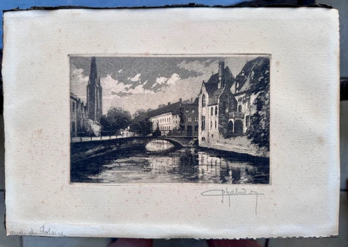 Etching 28x19cm Jean Joseph Chabridon Bruges Bridge of horse Quai du Rosaire